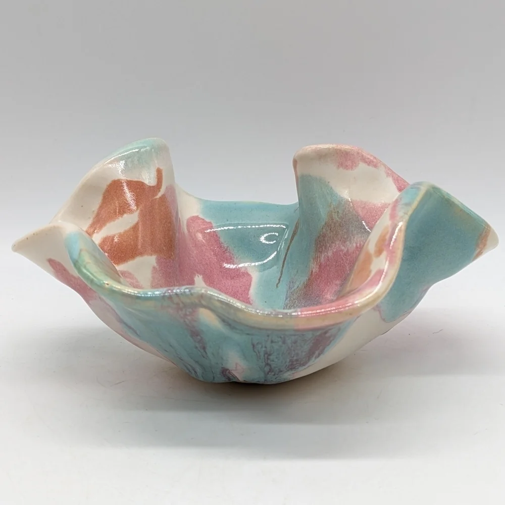 Handthrown Pink Blue Orange Ceramic Abstract Ruffle Edge Dish